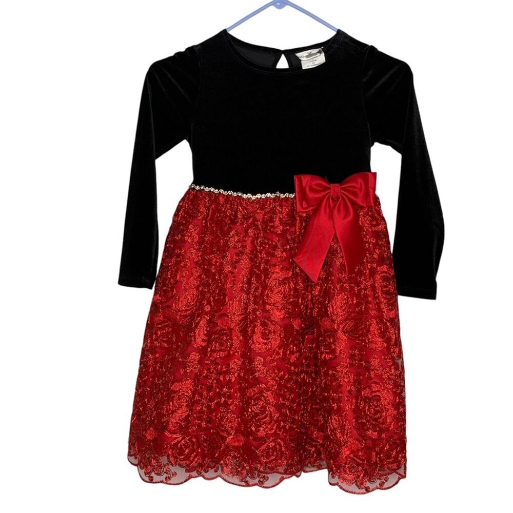 Rare Edition Formal Dress Velvet Long Sleeve Key Hold on Back Red/Black Size 6X